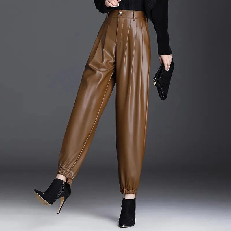 The Elise Faux Leather Pants in Sienna Brown