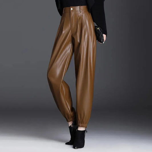 The Elise Faux Leather Pants in Sienna Brown