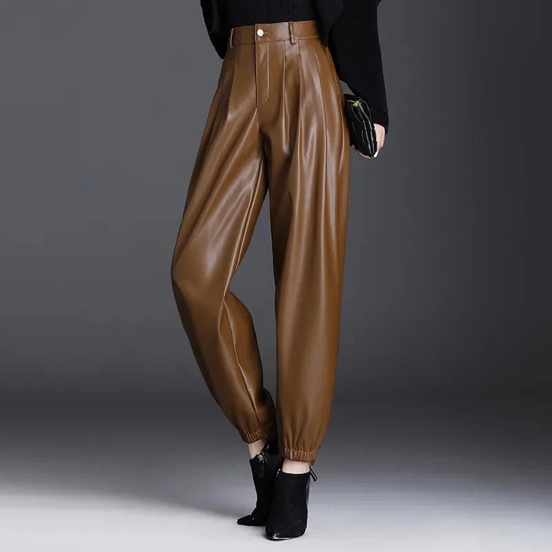 The Elise Faux Leather Pants in Sienna Brown