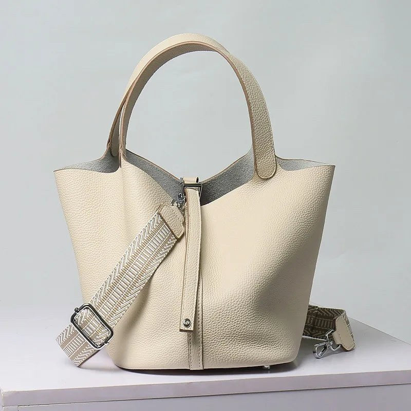 The Elora Leather Tote Bag in Beige