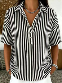 Thessa Women's Striped Collared Short Sleeve Blouse in Black
