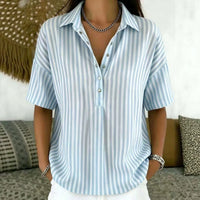 Thessa Women's Striped Collared Short Sleeve Blouse in Blue