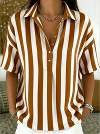 Thessa Women's Striped Collared Short Sleeve Blouse in Brown