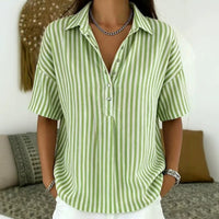 Thessa Women's Striped Collared Short Sleeve Blouse in Dark Green