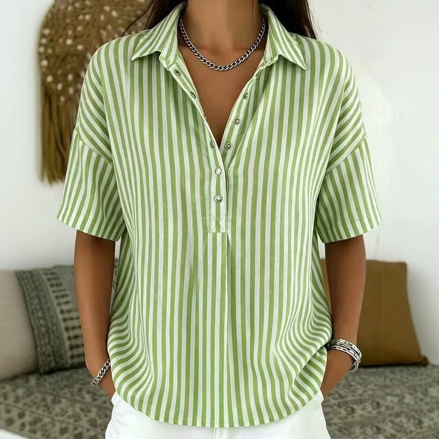 Thessa Women's Striped Collared Short Sleeve Blouse in Dark Green