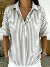 Thessa Women's Striped Collared Short Sleeve Blouse in Grey