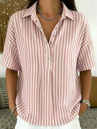 Thessa Women's Striped Collared Short Sleeve Blouse in Pink