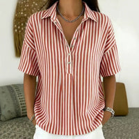 Thessa Women's Striped Collared Short Sleeve Blouse in Red