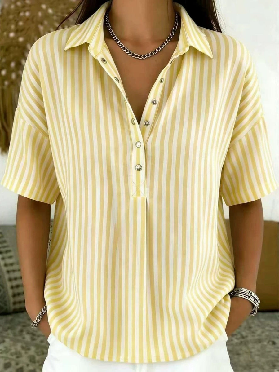 Thessa Women's Striped Collared Short Sleeve Blouse in Yellow