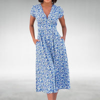 Thessalonica Women's Floral V-Neck Midi Dress in Blue