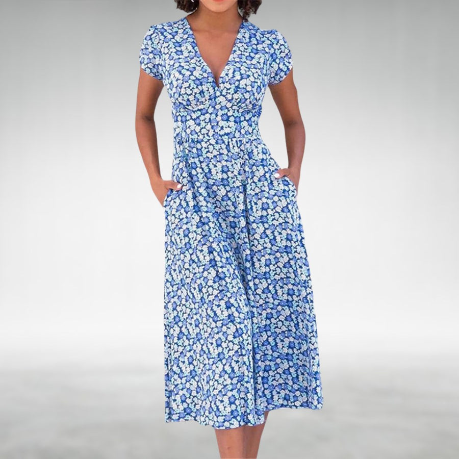 Thessalonica Women's Floral V-Neck Midi Dress in Blue