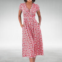 Thessalonica Women's Floral V-Neck Midi Dress in Red