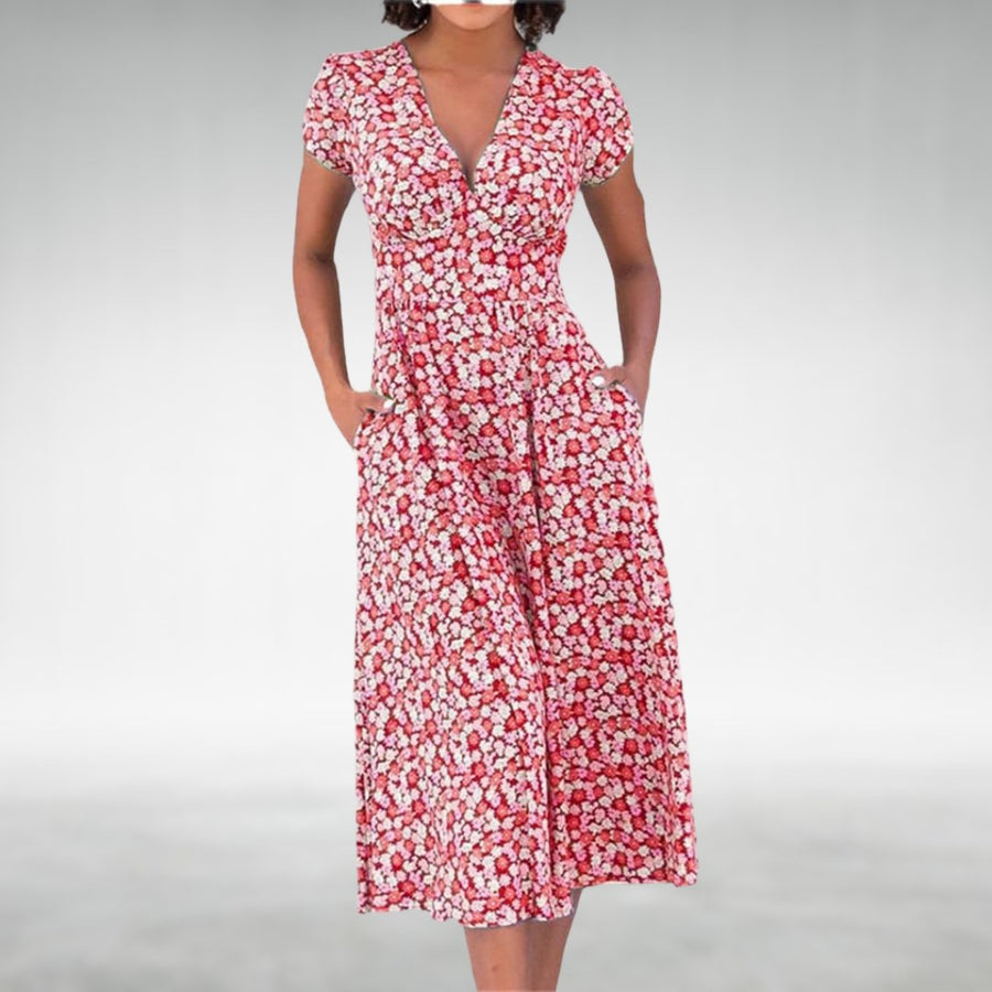 Thessalonica Women's Floral V-Neck Midi Dress in Red