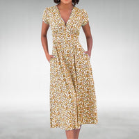 Thessalonica Women's Floral V-Neck Midi Dress in Yellow
