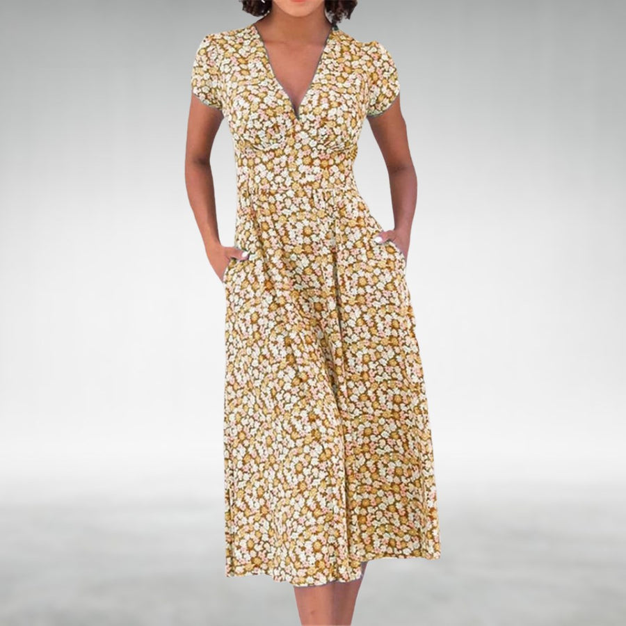 Thessalonica Women's Floral V-Neck Midi Dress in Yellow