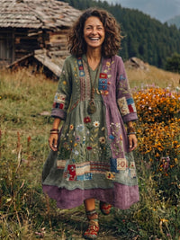 Thessaly Women's Embroidered Panel Midi Dress in Green