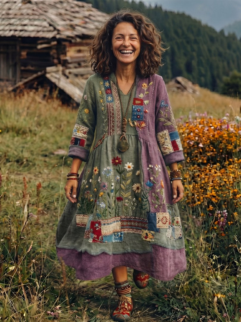 Thessaly Women's Embroidered Panel Midi Dress in Green