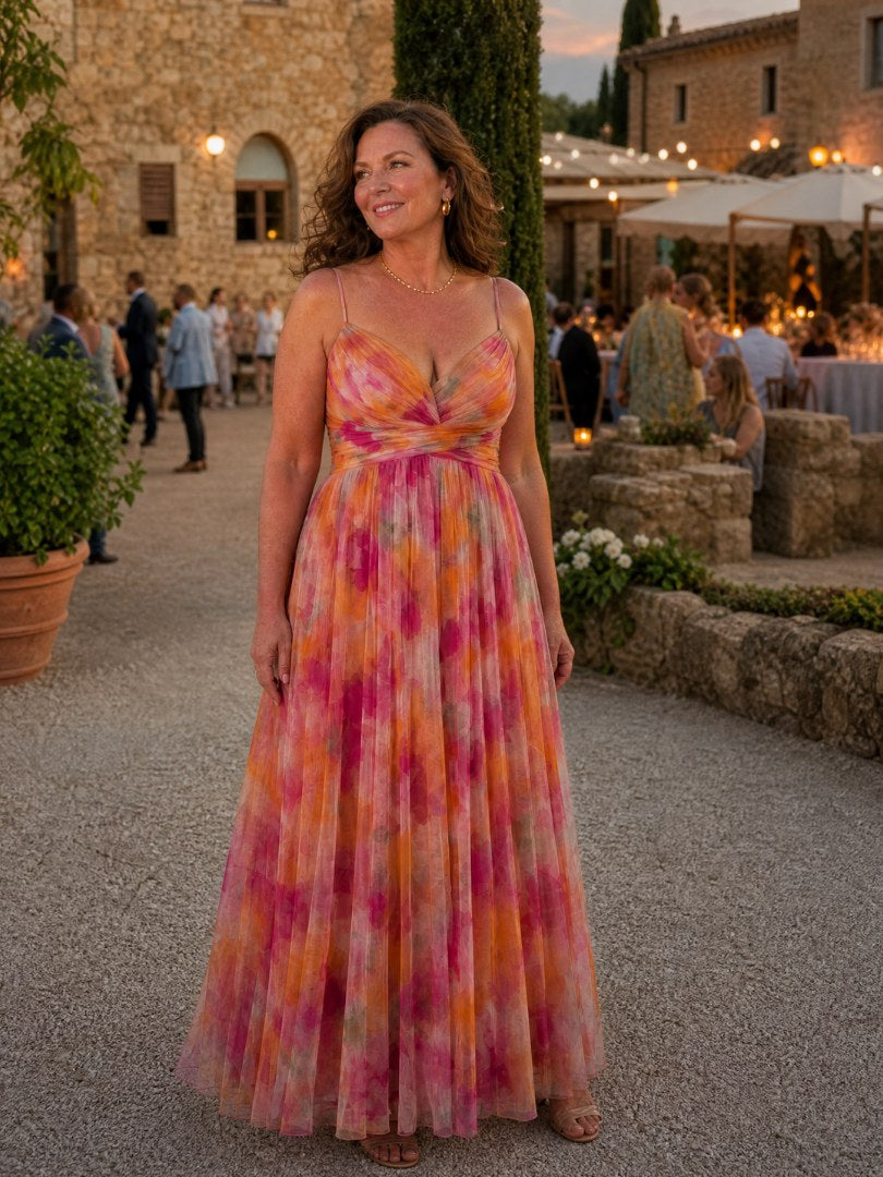 Thessaly Women's Floral Maxi Dress Wrap Bodice in Orange