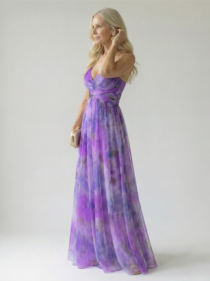 Thessaly Women's Floral Maxi Dress Wrap Bodice in Purple