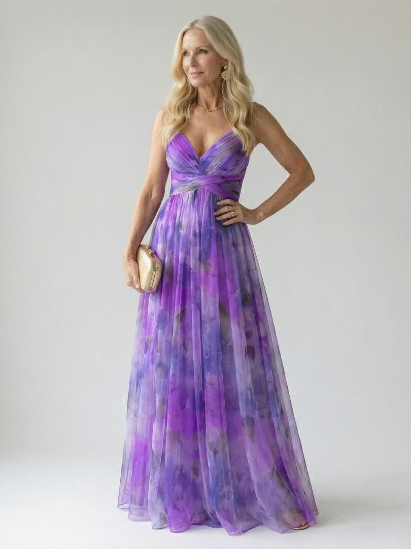 Thessaly Women's Floral Maxi Dress Wrap Bodice in Purple