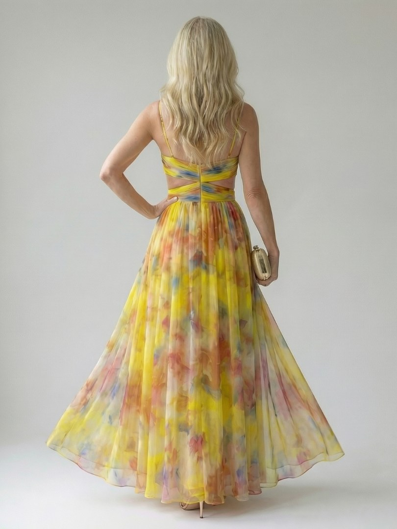 Thessaly Women's Floral Maxi Dress Wrap Bodice in Yellow