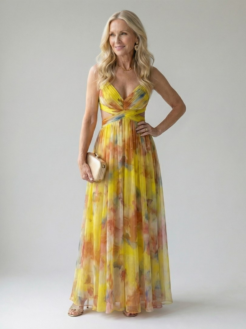 Thessaly Women's Floral Maxi Dress Wrap Bodice in Yellow