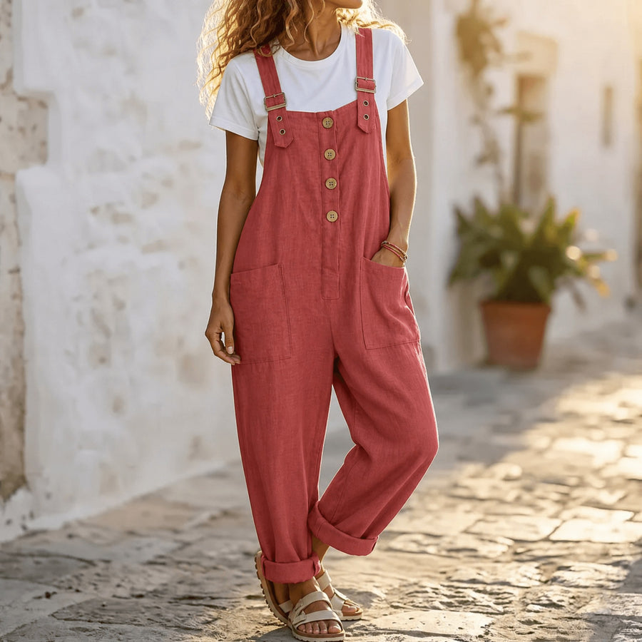 Thessaly Women's Relaxed Fit Bib Overall Jumpsuit in Red