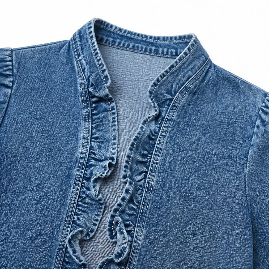 Thessine Women's Ruffle Trim Open Front Denim Jacket in Blue