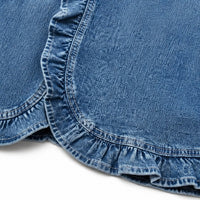 Thessine Women's Ruffle Trim Open Front Denim Jacket in Blue