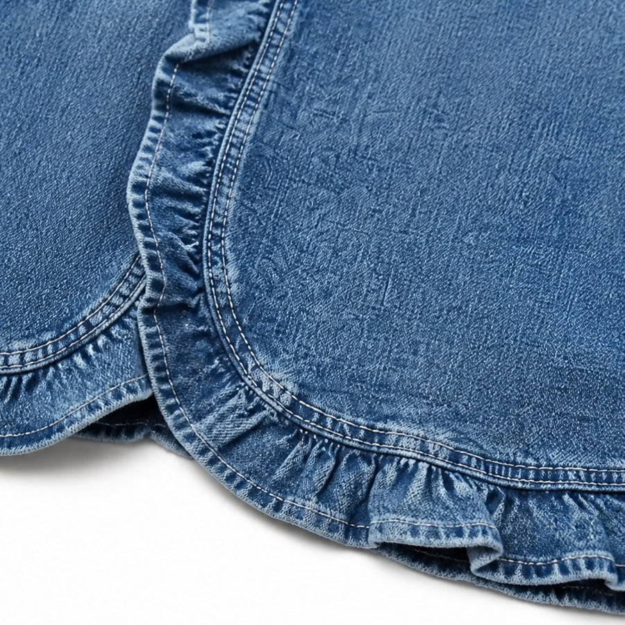 Thessine Women's Ruffle Trim Open Front Denim Jacket in Blue