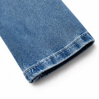 Thessine Women's Ruffle Trim Open Front Denim Jacket in Blue