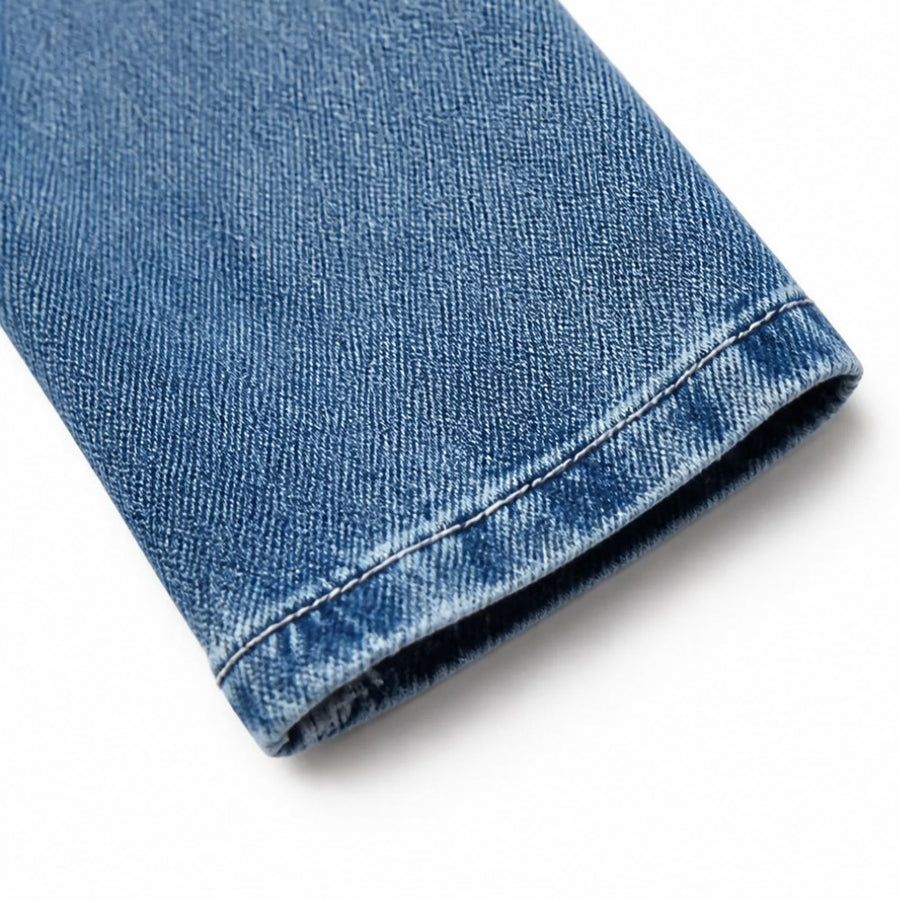 Thessine Women's Ruffle Trim Open Front Denim Jacket in Blue