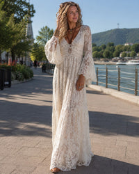 Thessvine Women's Lace Maxi Dress Bell Sleeve Boho in White