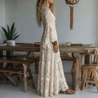 Thessvine Women's Lace Maxi Dress Bell Sleeve Boho in White