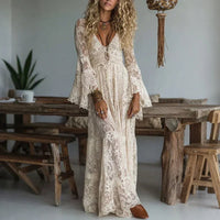 Thessvine Women's Lace Maxi Dress Bell Sleeve Boho in White