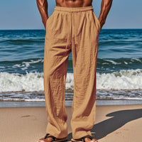 Thijs Lightweight Linen Trousers with Elastic Waist and Wide Leg in Ochre