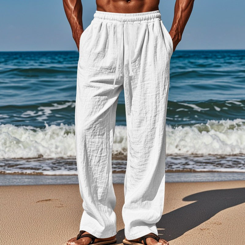 Thijs Lightweight Linen Trousers with Elastic Waist and Wide Leg in White