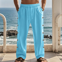 Thomas Linen Trousers with Elastic Waist and Button Front in Sky Blue