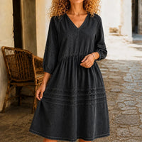 Threnody Women's Denim Babydoll Midi Dress in Black