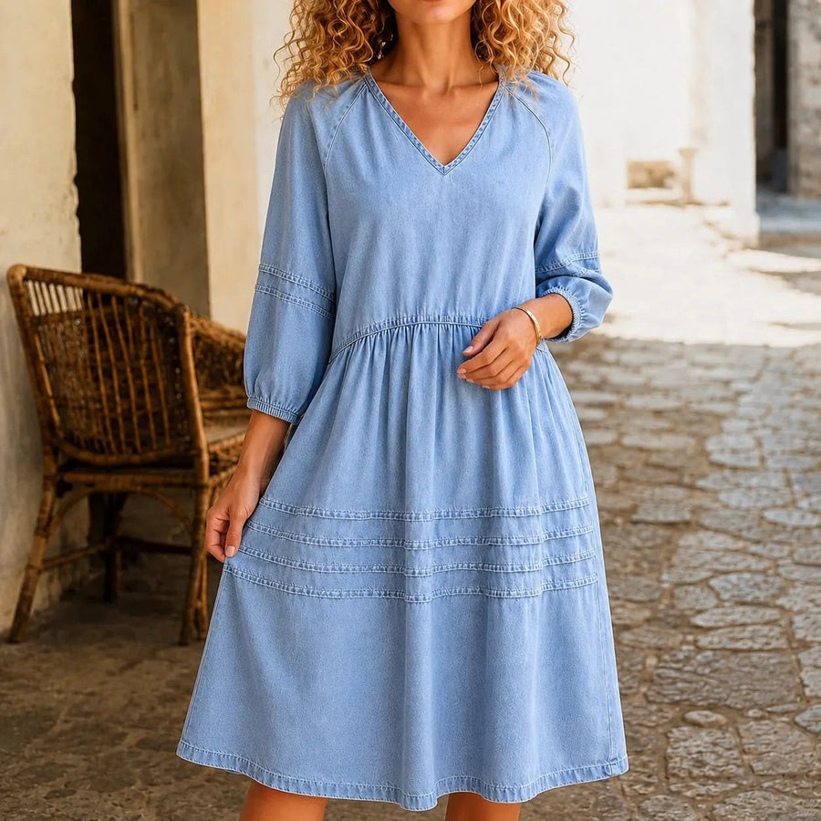 Threnody Women's Denim Babydoll Midi Dress