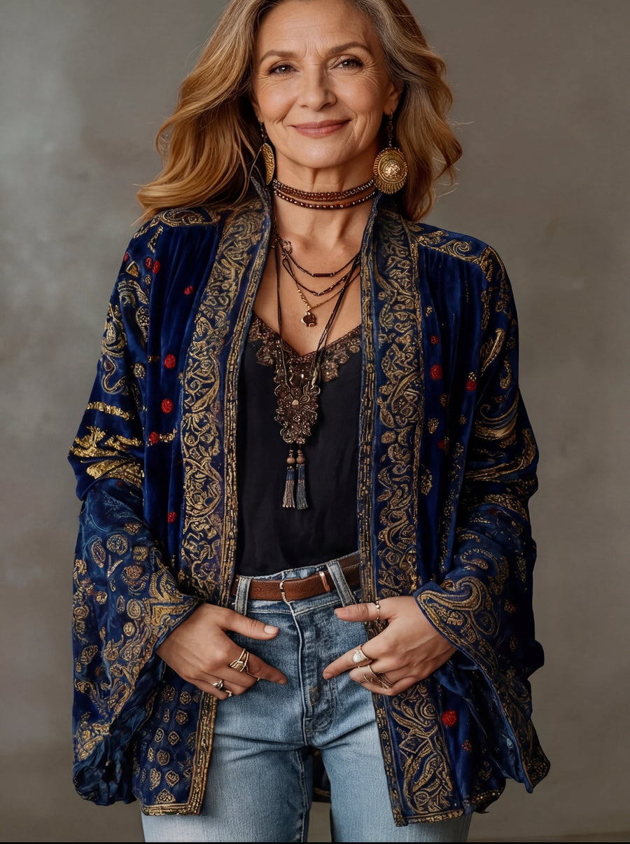 Threnova Women's Boho Print Kimono Jacket Cardigan in Dark Blue