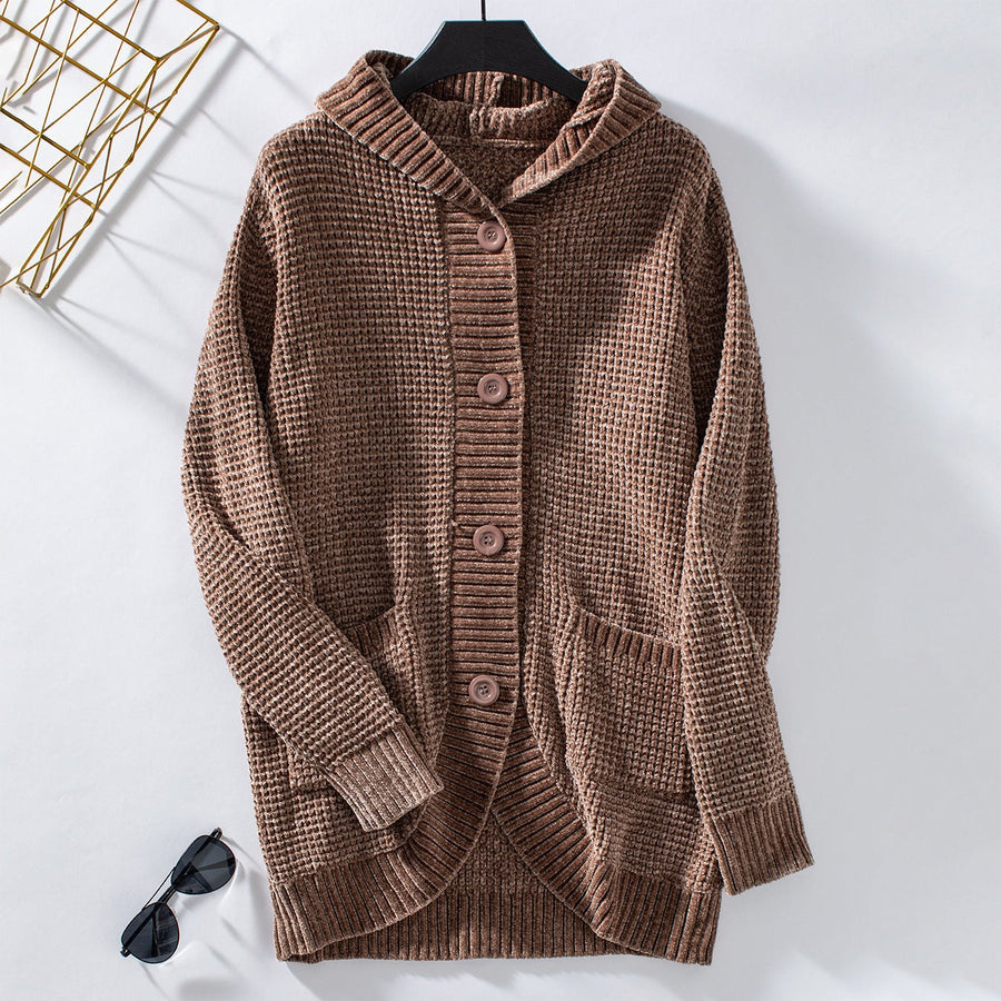 Tia Casual Knit Coat with Hood in Brown