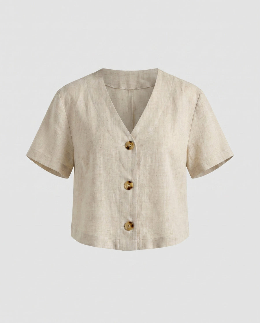 Tia Casual Linen Top with Button Front in Linen