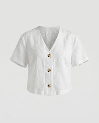 Tia Casual Linen Top with Button Front in White