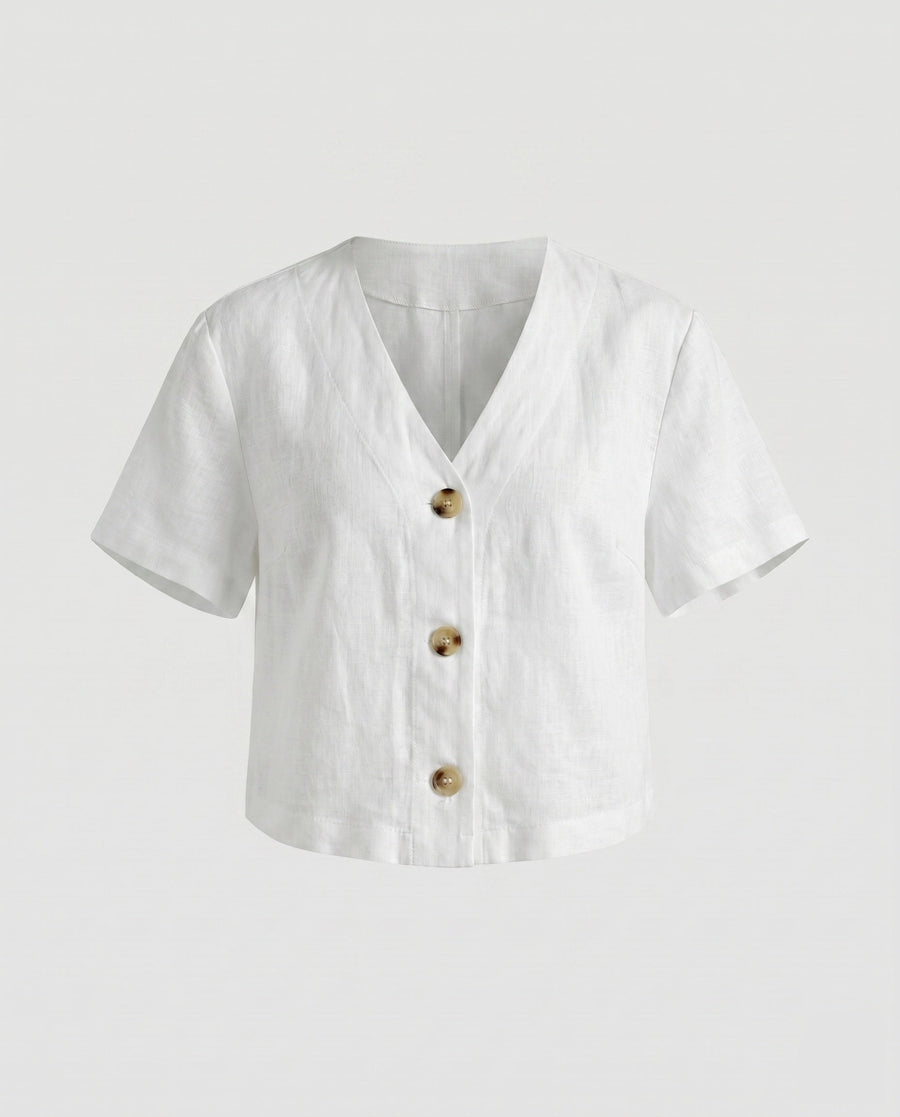 Tia Casual Linen Top with Button Front in White