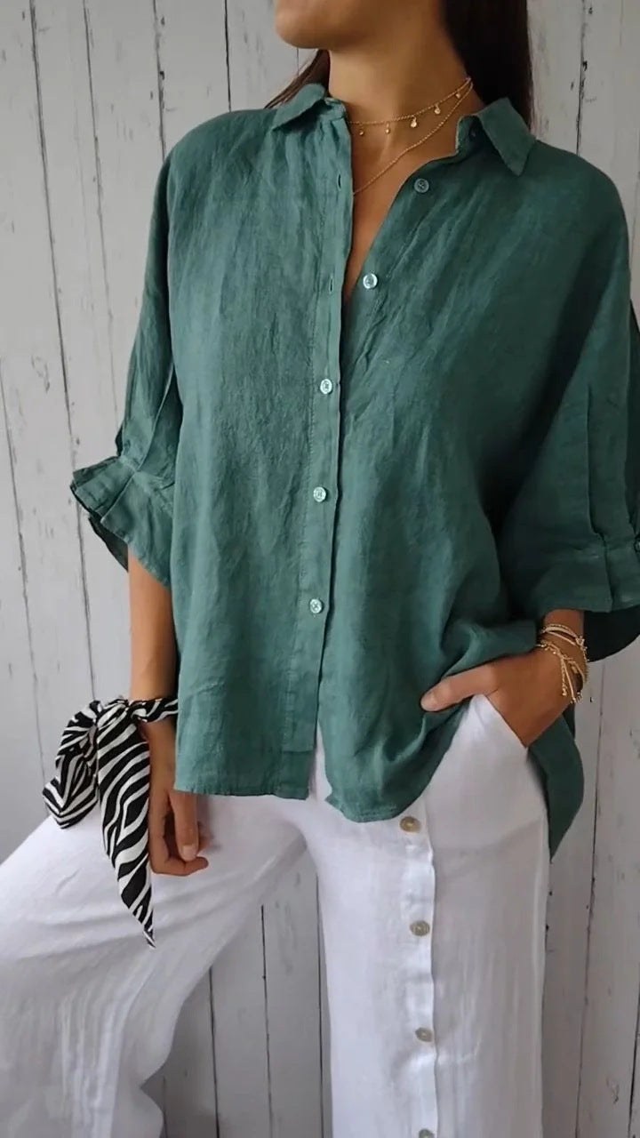 Tia Lightweight Linen Blouse in Pfauen Green