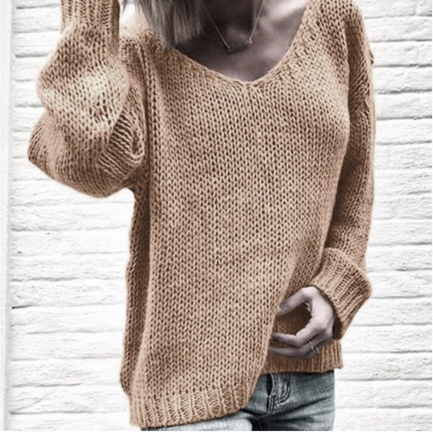 Tova Casual Knit Sweater with V-Neck and Side Split