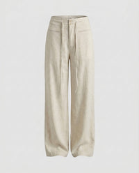 Tova Linen Trousers with Button Front and Pockets in Beige