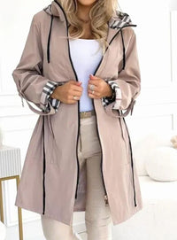 Nora | Women's Long Lined Hooded Zip Trench Coat with Check Detail