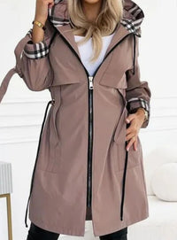 Nora | Women's Long Lined Hooded Zip Trench Coat with Check Detail